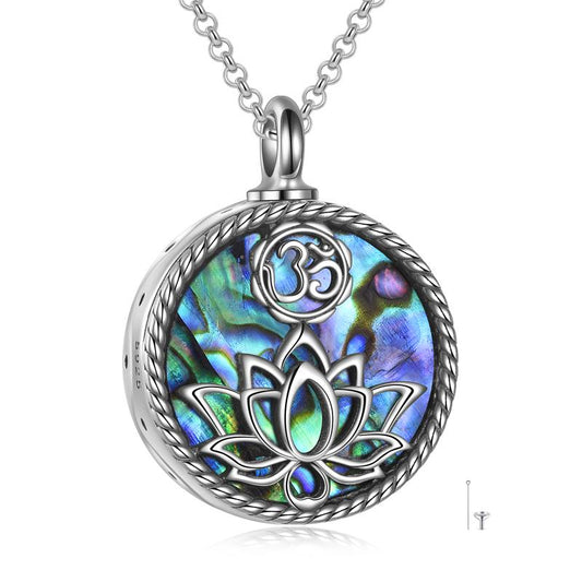 925 Sterling Silver Yoga Lotus Urn with Abalone Shell Memorial Cremation Necklace Jewelry