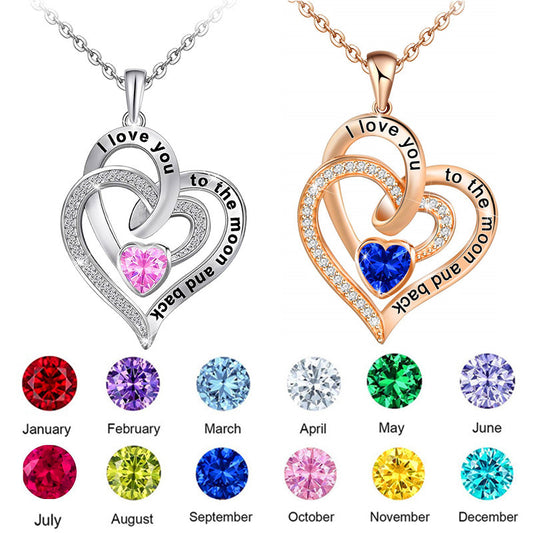 Lettering Necklace Double Heart Diamond Birthstone Necklace - yourmomsclosetboutiq