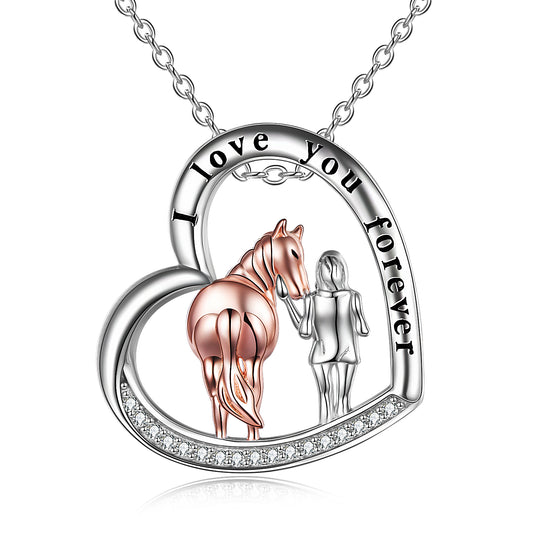 Sterling Silver Back of Horse and Girl Necklace Heart Pendant Jewelry - yourmomsclosetboutiq