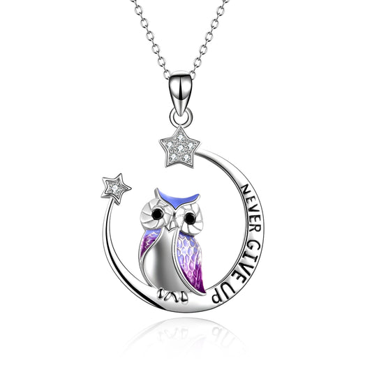 Sterling Silver Cute Owl on The Moon and Star Pendant Necklace for Women Girls - yourmomsclosetboutiq