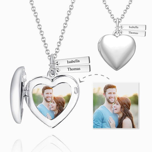 Custom Heart Photo Locket Necklace with Two Engraved Bars - yourmomsclosetboutiq