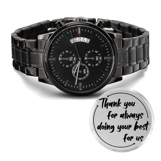 Anniversary Gift for Him, Engraved Design Black Chronograph Watch, Thank you for... - yourmomsclosetboutiq