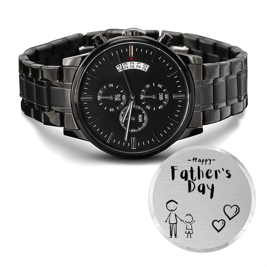 Birthday Gift for Him, Engraved Design Black Chronograph Watch, Happy Fathers Day Stick Figure - yourmomsclosetboutiq