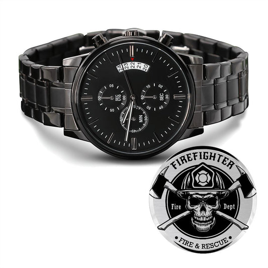 Birthday Gift for Him, Engraved Design Black Chronograph Watch, Fire Fighter & Rescue - yourmomsclosetboutiq