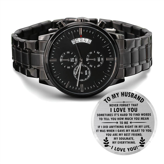 Anniversary Gift for Him, Engraved Design Black Chronograph Watch, Never Forget I love You... - yourmomsclosetboutiq