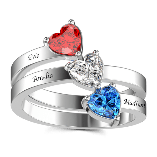 Personalized Engraved Three Name Heart Birthstone Promise Ring S925 Silver - yourmomsclosetboutiq