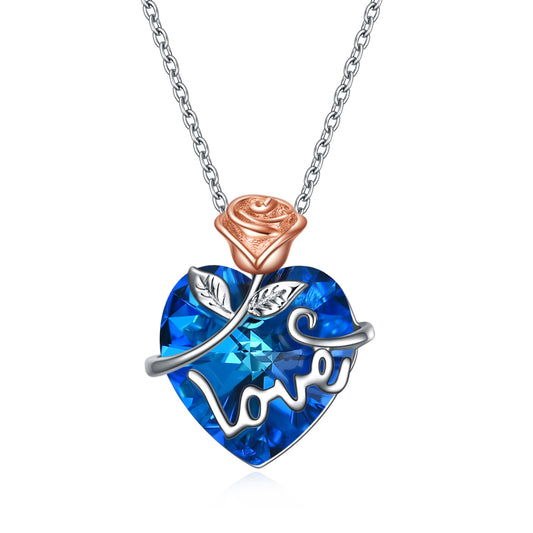 Rose Necklace for Women Anniversary Jewelry Gifts for Her Sapphire Blue Heart Pendant for Birthday - yourmomsclosetboutiq