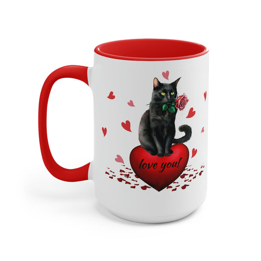 Two-Tone Coffee Mugs, 15oz- Black Cat Holding Rose - yourmomsclosetboutiq