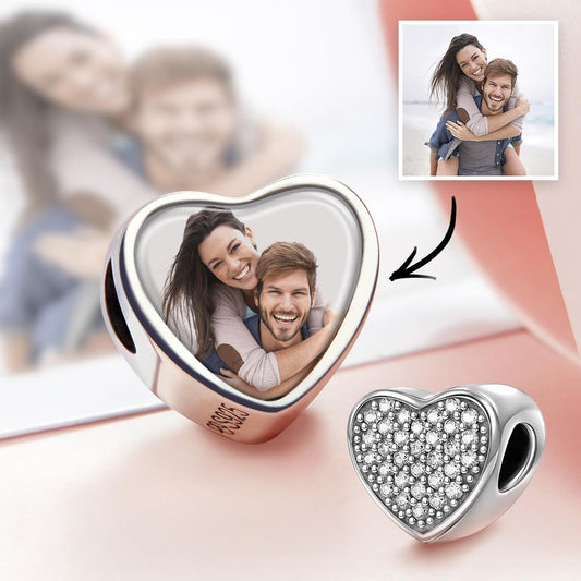 Custom Heart Photo Charm Personalized Picture Bead with Pave CZ - yourmomsclosetboutiq