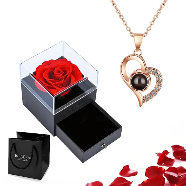 Projection Necklace Set With Rose Gift Box 100 Languages I Love You Heart Pendant Jewelry 2024