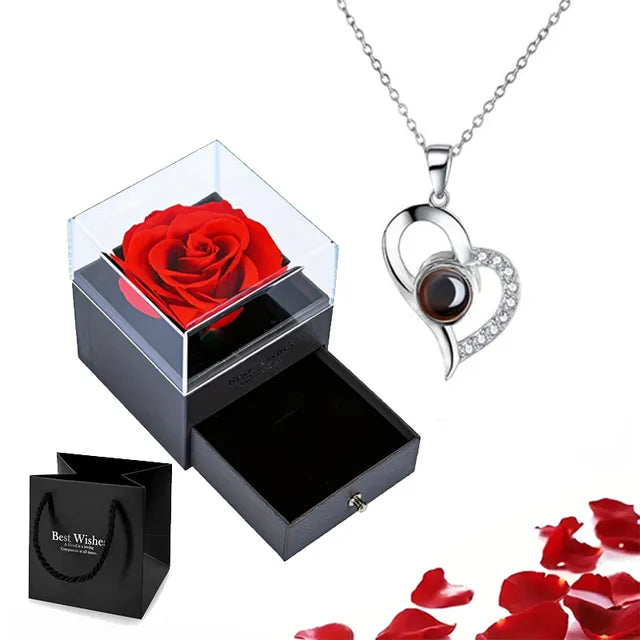 Projection Necklace Set With Rose Gift Box 100 Languages I Love You Heart Pendant Jewelry 2024